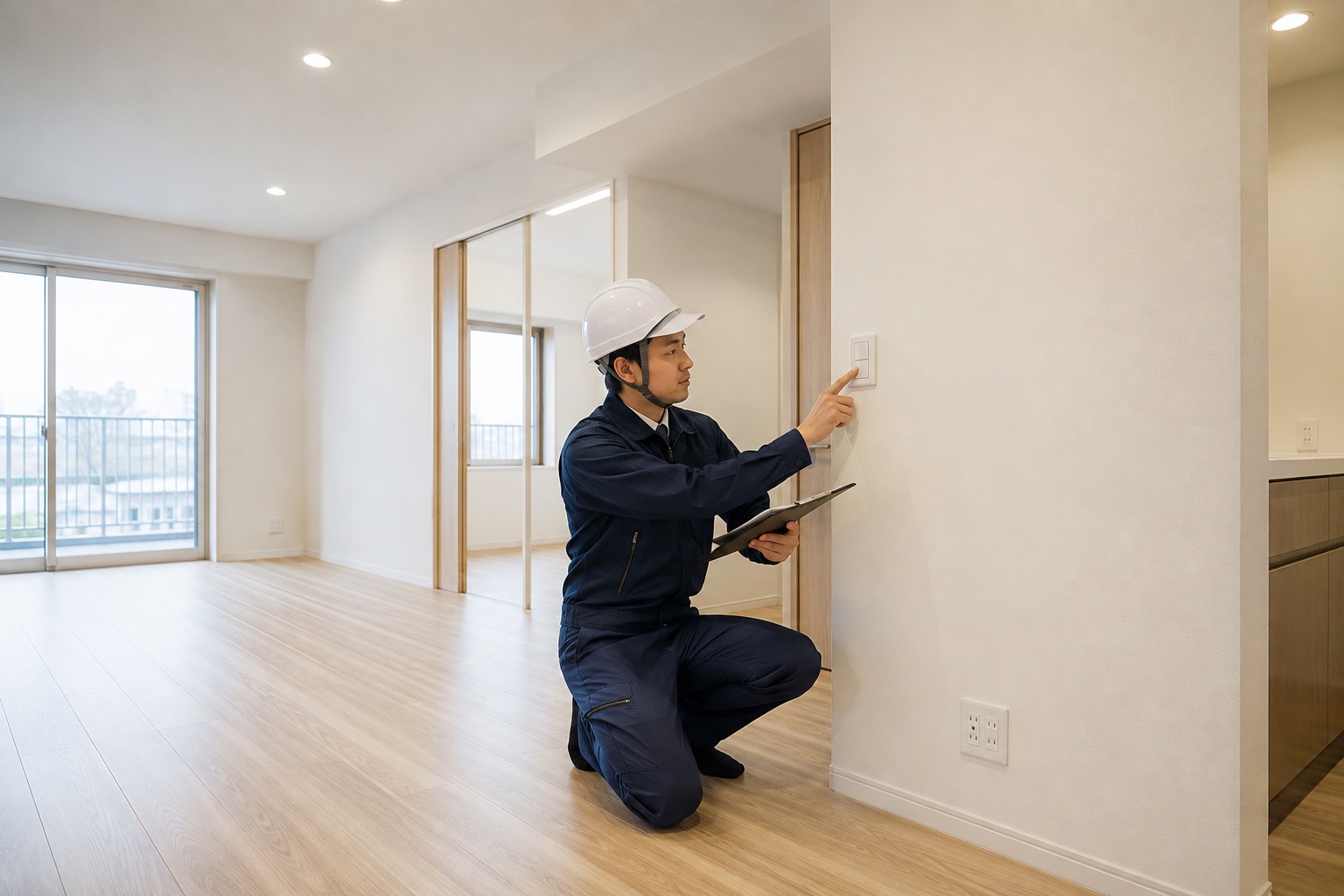 住戸内の照明スイッチの動作を確認する電気工事作業員