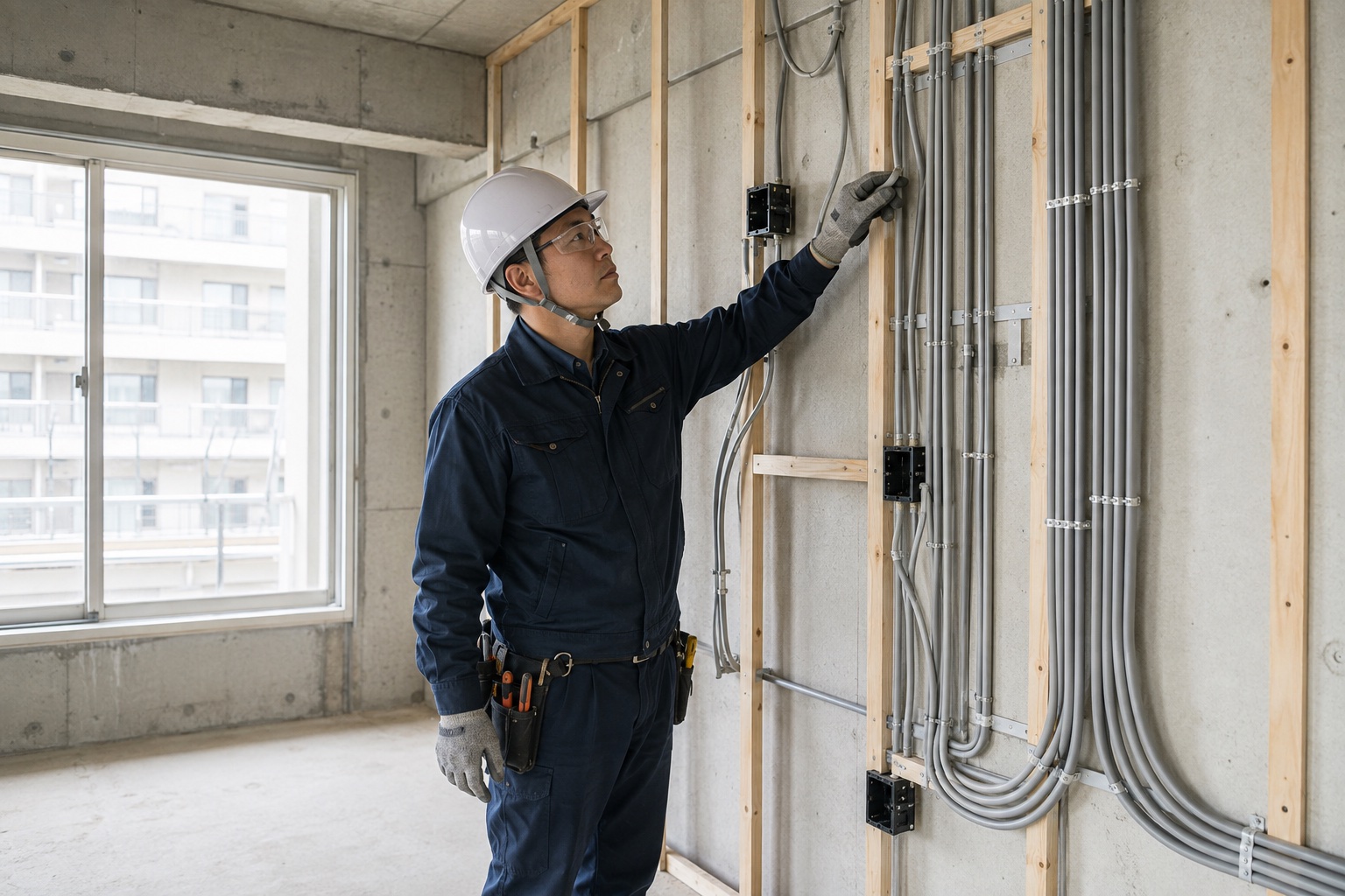新築マンションの室内で配線ルートを確認する電気工事作業員