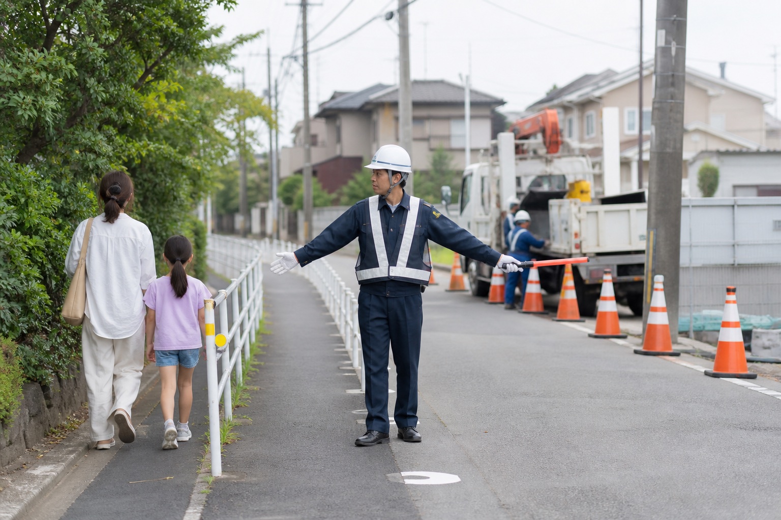 工事現場の脇で歩行者の通行を案内する交通誘導警備員